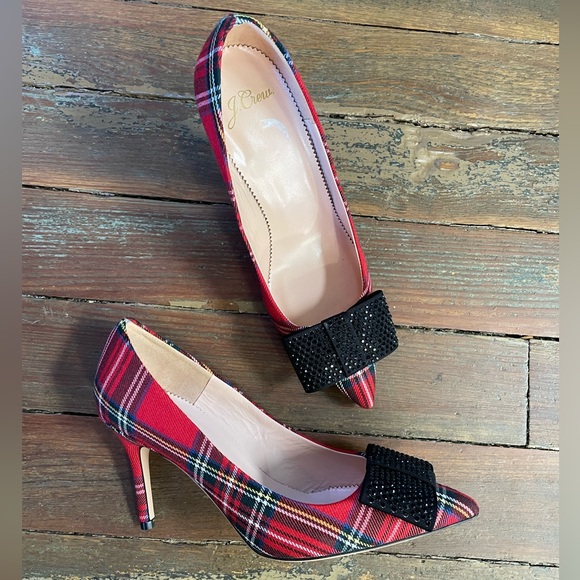 J. Crew Elsie Plaid Pumps W Sparkle Bow In Red Stewart Tartan - Sz 6 🧡🎀 - Picture 1 of 11